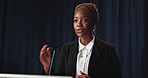 Speaker, podium and talk with black woman at press conference for election, media debrief and speech. Campaign, congress and legislation with person for candidate event and foreign policy affair