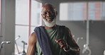Mature, face and black man with gym bag for fitness, health or wellness in health club. Portrait, male person or smile with towel, equipment or ready for physical exercise, workout or indoor training
