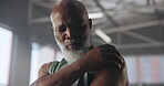 Exercise, strain and shoulder pain with black man in gym for accident, cramp or muscle fatigue. Fitness, stress or training and mature athlete in health club with fibromyalgia or medical condition