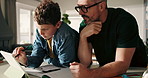 Tablet, teaching and father with child in house with education, homework or school assignment. Helping, learning and dad with boy kid on digital technology for online mathematics class in apartment.