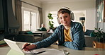 Tablet, headphones and face of happy kid for elearning, study and math homework in home school. Tech, student and portrait of boy with audio for virtual education, online class or lesson with stylus