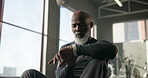 Fitness, man and check smart watch at gym for progress update, health app and tracking exercise. Breathing, mature black person and timer at sports club for workout performance and training results
