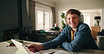 Tablet, headphones and face of happy child with online education, laugh or math homework. Tech, student and portrait of boy with audio for elearning, virtual class or stylus for lesson in home school