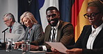 Press conference, face and man with delegation, politics and international government panel. Summit, people and politician portrait at event for diplomacy discussion, global forum or policy expo