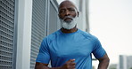 Fitness, running and senior black man in city for health, cardio wellness and sports endurance. Outdoor, athlete and runner workout with jog for exercise, training and practice for active retirement