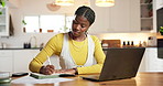 Writing, laptop and black woman in home for online university assignment, exam or project. Research, technology and African female student with computer for studying for college test in house.