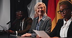 Press conference, face and mature woman with delegation, politics and international government panel. Summit, people and politician portrait at event for diplomacy discussion, global forum or policy