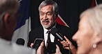 Man, press and mic for interview with talk, media questions for state official and phone for international summit. Global conference, diplomat or country ambassador with discussion for news coverage