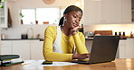Bored, laptop and black woman in home for online university assignment, exam or project. Research, technology and tired African female student with computer for studying for college test in house.