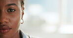 Business, confident and face of black woman on space as human resources advisor or consultant. Agency, professional and pride with employee in office for hiring, job opportunity or recruitment 