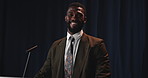 Black man, speaker and face with mic for congress, country speech or political statement on podium. Portrait, male person or African politician with smile for government pitch, democracy or election