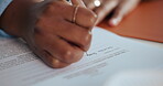 Hands, person and signature on document in office for contract, agreement and legal information. Woman, pen and writing on paperwork for partnership, promotion letter and compliance for business deal