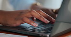 Hands, typing and woman on laptop for copywriting, editing report and online article in office. Closeup, publisher agency and person on computer for writing blog, digital news story and research
