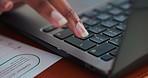 Hands, home and woman on laptop for copywriting, editing report and online article for remote work. Closeup, publisher agency and person on computer for writing blog, digital news story and research