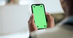 Hands, smartphone and business person with green screen for marketing or mockup space in office. Mobile, digital display and marketer with app for internet connection, social media and advertising