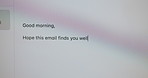 Online, typing and screen with closeup for email follow up, job application and work inquiry. Writing, greeting and respect for personal message, share updates and feedback with detailed information 