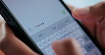 Phone screen, chatting and hands of person with networking, communication or contact on mobile app. Technology, typing and cellphone with keyboard for online message, texting or social media.