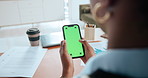 Hands, phone and business person with green screen to scroll financial graphs in office. Mobile, worker and digital display with data online, cost projection and investment analyst with mockup space