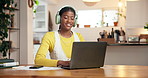 Headphones, laptop and black woman in house with music for online university assignment. Happy, audio tech and African female student with computer for studying for college exam with playlist in home