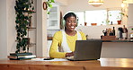 Headphones, laptop and black woman in home with music for online university assignment. Happy, audio tech and African female student with computer for studying for college exam with playlist in house