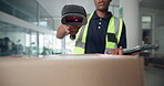 Person, tablet and scan box for delivery service, inventory inspection and code to confirm courier. Woman, digital and scanner with package information, barcode verification and distribution pricing