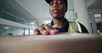 Woman, delivery and box with POV, label check of parcel or package for ecommerce distribution. African courier person, order or shipment with service, tag or barcode for receipt from supplier