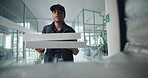 Woman, POV and box for delivery of pizza, takeaway or fast food distribution with ecommerce worker. Package, parcel or bag for takeout, online restaurant or order with African courier person for meal