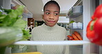 Food, fridge and scratching head with black woman in kitchen of home for cooking or groceries. Diet, meal planning and vegetables with pov of African person in apartment for nutritional recipe option