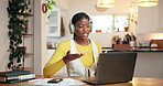 Headphones, laptop and black woman on video call in home for online university assignment. Talk, audio tech and African female student with computer for studying for college exam with virtual class.