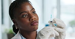 Syringe, woman and doctor with vaccine for healthcare, wellness or prepare medical treatment. African person, needle and injection for virus prevention, immunity and safety with medicine in clinic