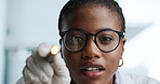 Black woman, face and light with eye check for medical response, reflex or brain function. Portrait, female person or healthcare worker with penlight exam or finger movement for nerve or reaction
