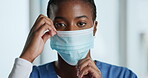 Face, black woman and surgeon with mask at hospital of safety, healthcare ppe and virus control. Portrait, person and medical procedure for hygiene protocol, prevent infection and surgery preparation