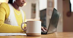 Remote work from home, coffee and black woman with laptop, copywriting and email. African person, freelancer and writer with pc, herbal tea and espresso with caffeine for energy, mug and deadline 