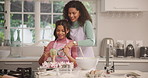 Mom, girl and happy for baking cupcakes in kitchen, care or learning for skills, dough or guide at home. People, mother and daughter with teaching, dessert or helping hand for batter at family house