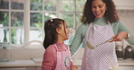 Home, cooking and mother in kitchen, girl and bonding together with smile, ingredients and taste. Apartment, family and mama with daughter, love and learning with help, child development and recipe