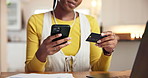 Hands, phone and woman with credit card in home office for debt payment, internet banking and bills. Mobile, debit and freelancer with financial tech for online shopping, savings or investment budget