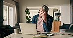 Mature man, stress and laptop with bills in home for finance calculation, budget or debt review. Male person, calculator and audit with receipts or expenses for financial mistake or tax compliance