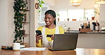 Black woman, smartphone and credit card for payment in house, bills and invoice documents for ecommerce. Laptop, fintech and app for debit transaction, online purchase or finance budget at home