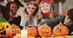 Halloween, party and pumpkin with kids in home for celebration, bonding and fun together. October, friends and excited children with hobby for holiday activity, vacation and festive tradition