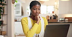 Thinking, laptop and black woman in home for online university assignment, exam or project. Reading, technology and African female student with computer for studying for college test in house.