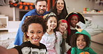 Selfie, halloween party and group with parents, smile and bonding together with happiness. Profile picture, youth or man with woman, kids or friends in lounge, costume or home with fantasy or imagine