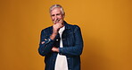 Face, laughing and mature man pointing at you for choice, satisfaction or vote on studio space. Finger, funny and selection with happy person isolated on wall background for decision or ideas