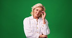 Face, glasses and senior woman in studio for eye care, optometry and vision correction. Portrait, smile and person remove spectacles for healthy eyesight in retirement on green background with space