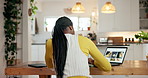Freelancer, laptop screen and black woman writing notes for food blog, research or website. Computer, back and remote work in home office with pen for copywriting, recipe list or meal info online