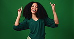 Face, pointing up and woman in studio, smile and announcement with offer on green background. Portrait, space and happy person with hand gesture, promotion and opportunity with decision or choice