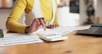 Hands, finance and woman with calculator in home for budget planning, taxes review and insurance. Payment, laptop and person with documents for financial report, online banking and savings account