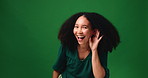 Happy woman, face and listening with ear in studio for gossip or humor on a green background. Portrait, female person or model laughing with smile for funny joke, rumor or comedy on mockup space