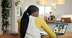 Remote work, laptop screen and black woman writing notes for food blog, research or website. Computer, back or freelancer in home office with notebook for copywriting, recipe list or meal info online