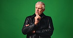 Face, thinking and senior man in studio, decision and contemplation on green background. Mockup space, pensioner and elderly person with sunglasses, confidence and choice with ideas and wonder
