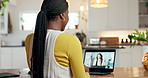 Woman, laptop screen and video call in home with financial advisor, explain and tax compliance. Person, agent or online consulting on computer, investing or talk for wealth management advice at house